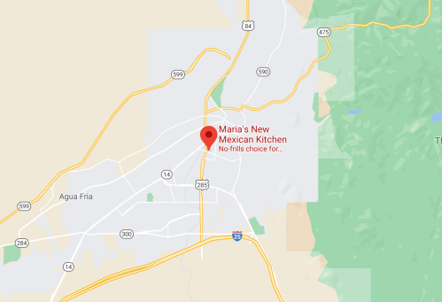 Map showing the location of Maria's New Mexican Kitchen in a city, with nearby roads and landmarks.