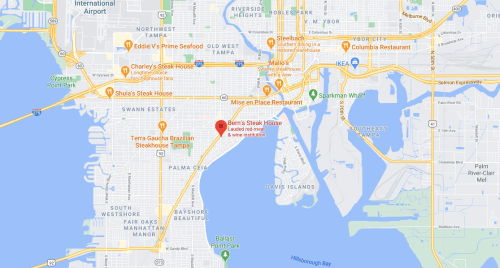 Map showing the location of Bern's Steak House in Tampa, Florida, near major roads and landmarks.