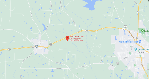 Map showing Wolf Creek Trout Lily Preserve, marked as temporarily closed, near Zebulon, Georgia.