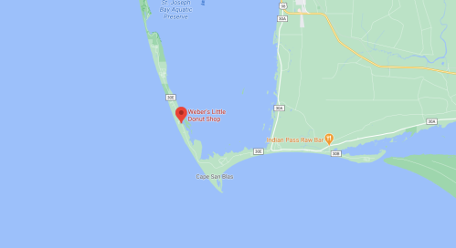 Map showing the location of Weber's Little Donut Shop near Cape San Blas, Florida, with surrounding water and roads.