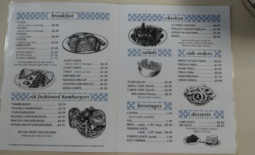 Menu page featuring breakfast, chicken, salads, side orders, beverages, and desserts with prices listed.