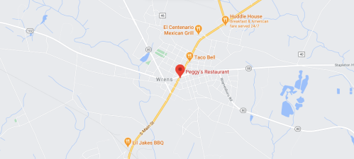 Map showing the location of Peggy's Restaurant in Wrens, Georgia, near other dining options and main roads.