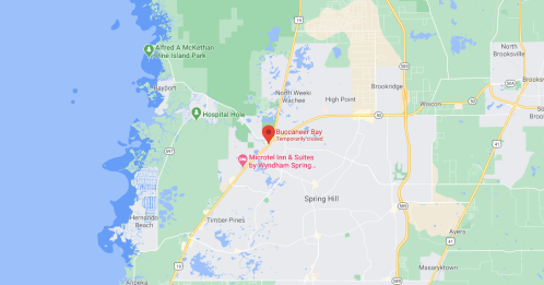 Map showing Buccaneer Bay location near Spring Hill, Florida, with nearby landmarks and roads.