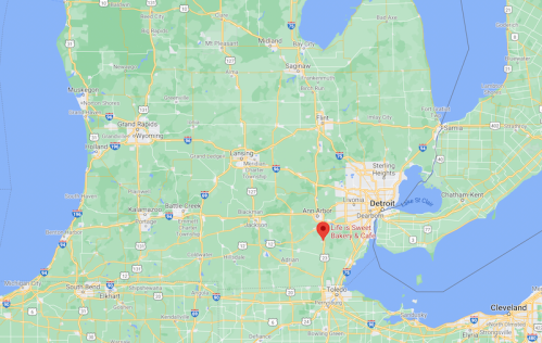 Map showing southeastern Michigan with a red marker indicating the location of Sweet Bakery & Café near Detroit.