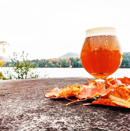 A glass of beer sits on a stone surface, surrounded by colorful autumn leaves, with a lake and mountains in the background.
