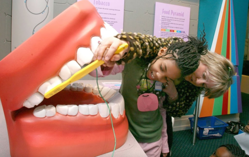 A child brushes a large model of teeth with an adult's guidance in an educational setting.