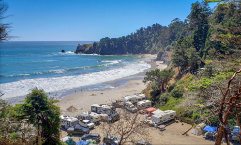 A scenic beach view with RVs parked near the shore, surrounded by trees and gentle waves under a clear blue sky.