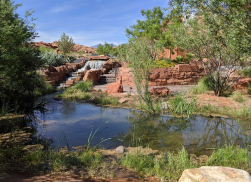 A serene landscape featuring a small pond, lush greenery, and a gentle waterfall surrounded by rocks.