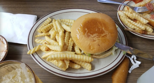 A plate with a burger topped with lettuce and a side of crinkle-cut fries.