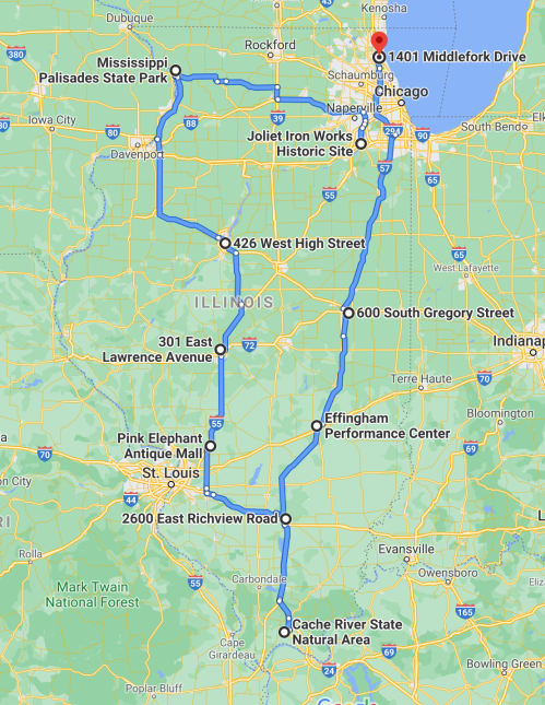 Map showing a route through Illinois, highlighting various locations including parks, malls, and historic sites.
