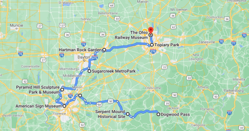 Map showing a route through Ohio, highlighting attractions like Topiary Park, the Ohio Railway Museum, and Serpent Mound.