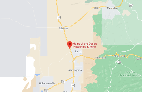 Map showing the location of "Heart of the Desert Pistachios & Wine" near Alamogordo, New Mexico.