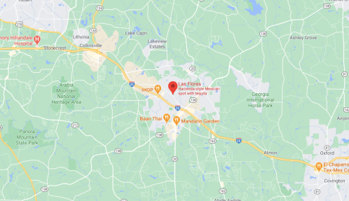 Map showing the location of Las Flores, a Mexican restaurant, near major roads and landmarks in the area.