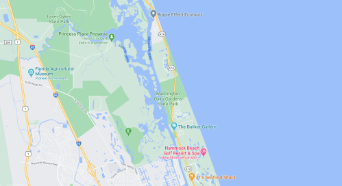 Map showing coastal area with parks, a golf resort, and nearby attractions along the eastern shoreline.