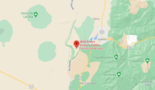 Map showing the location of Wild Rivers Visitors Center near the Rio Grande, with surrounding mountains and landmarks.