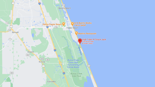 Map showing the location of High Tides Al Snack Jack near Flagler Beach, Florida, with nearby landmarks and roads.