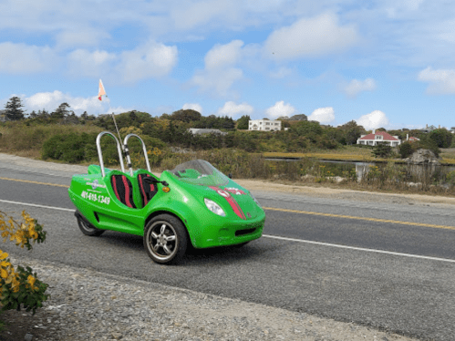 A bright green, two-seater car with a flag drives along a rural road, surrounded by trees and distant buildings.
