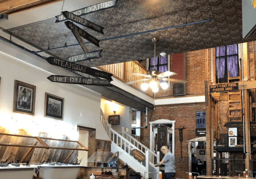 Interior of a rustic space with directional signs for various locations hanging from the ceiling and a person working below.