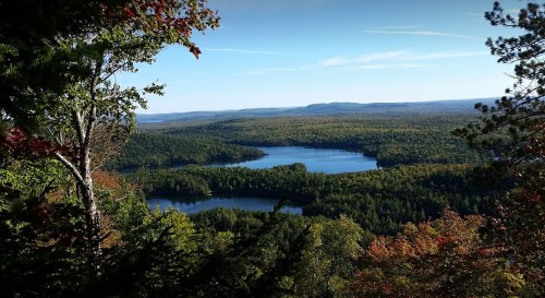 A scenic view of a forested landscape with lakes and mountains under a clear blue sky.