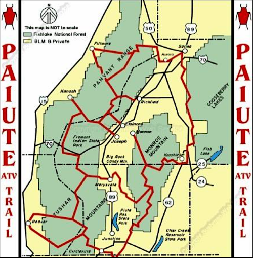 Map of the Paiute ATV Trail, showing routes and areas in the Fishlake National Forest and surrounding regions.