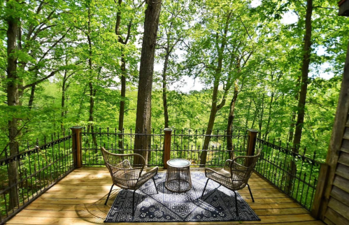 A cozy outdoor deck surrounded by lush green trees, featuring two chairs and a small table on a patterned rug.