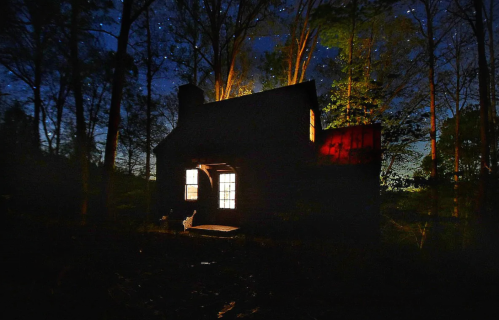 A dark, rustic cabin illuminated by warm light, surrounded by trees under a starry night sky.
