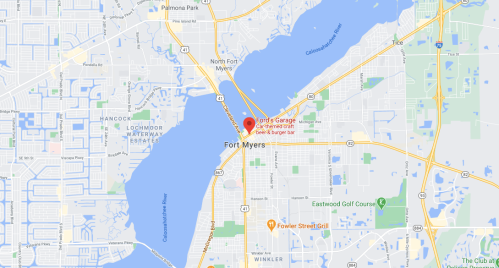 Map showing Fort Myers, Florida, with a marker for Ford's Garage restaurant and nearby landmarks.
