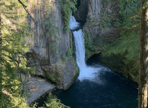 A serene waterfall cascades into a deep blue pool, surrounded by lush green foliage and rocky cliffs.