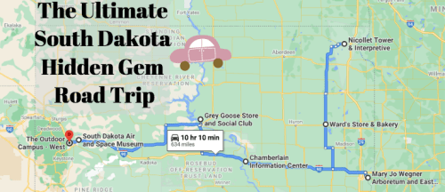 Map showing a road trip route in South Dakota, highlighting attractions like museums and bakeries.