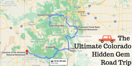 Map of a road trip route through Colorado, highlighting hidden gems like Canyons of the Ancients and Crystal Mill.