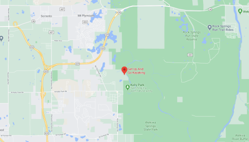 Map showing the location of "Get Up And Go Kayaking" near Kelly Park and Wekiwa Springs State Park.