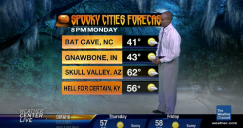 A weather forecast graphic showing spooky city temperatures: Bat Cave, NC 41°F; Gnawbone, IN 43°F; Skull Valley, AZ 62°F; Hell for Certain, KY 56°F.