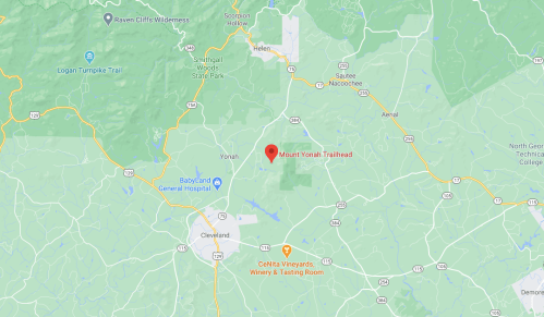 Map showing the location of Mount Yonah Trailhead in Georgia, surrounded by parks and roads.