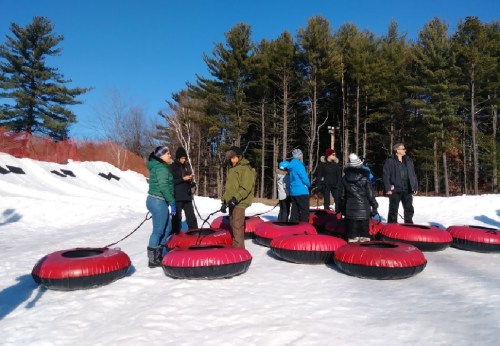 A group of people on snow tubes in a snowy area, surrounded by trees and a clear blue sky.