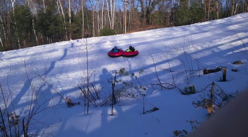 Two people in inner tubes slide down a snowy hill, surrounded by trees and a clear blue sky.