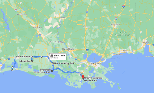 Map showing a route from Gator Chateau to Chauvin Sculpture Garden in Louisiana, with travel time and distance indicated.