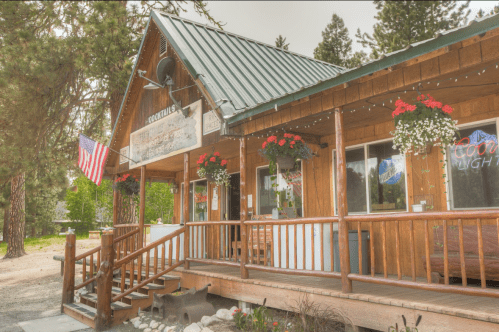 A rustic wooden building with a green metal roof, featuring flower baskets and an American flag, surrounded by trees.