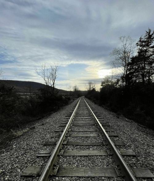 A view of railway tracks stretching into the distance under a cloudy sky, surrounded by trees and hills.