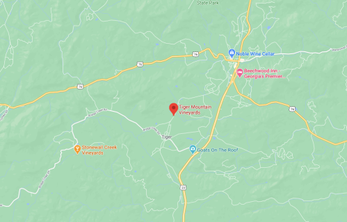 Map showing the location of Tiger Mountain Vineyards in Tiger, Georgia, with nearby attractions marked.