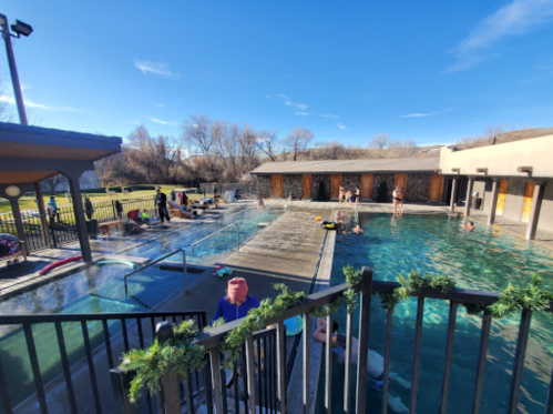 A sunny outdoor pool scene with people swimming and relaxing, surrounded by trees and a building in the background.