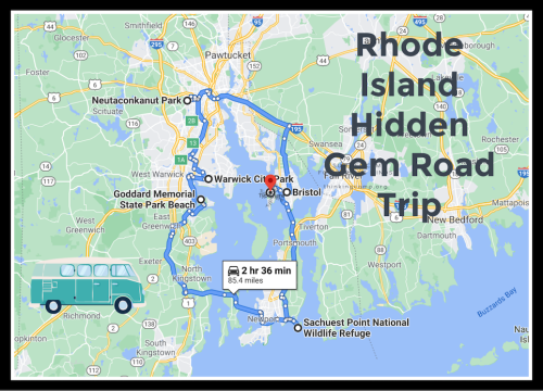 Map of a Rhode Island road trip route, highlighting parks and attractions, with travel time and distance noted.