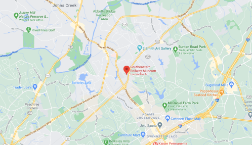 Map showing the location of the Southeastern Railway Museum in Lawrenceville, Georgia, with nearby landmarks and roads.