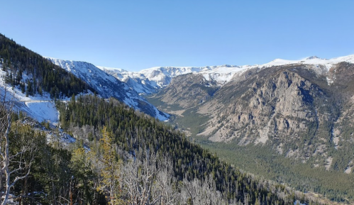 A panoramic view of snow-capped mountains and a lush valley under a clear blue sky.