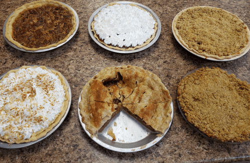 A variety of six pies on a countertop, including pecan, coconut cream, apple, and crumb-topped pies.