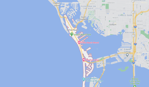 Map showing St. Pete Beach, including Uplands Beach Park and nearby attractions like the Don CeSar Hotel.