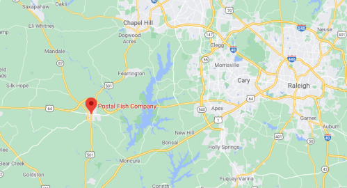 Map showing the location of Postal Fish Company near Raleigh, North Carolina, with surrounding towns and highways.