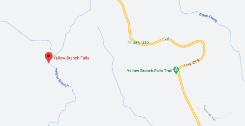 Map showing the location of Yellow Branch Falls and nearby trails, with roads and natural features labeled.