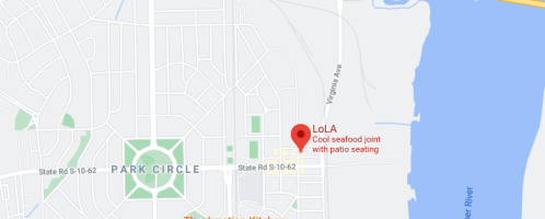 Map showing Park Circle area with a marker for LoLA, a seafood restaurant with patio seating near the river.