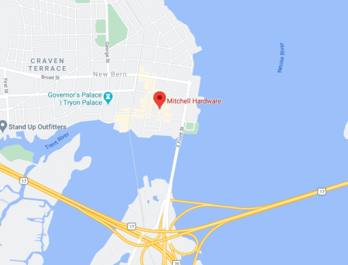 Map showing New Bern, NC, with a marker for Mitchell Hardware and nearby landmarks and roads.