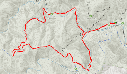 Map showing a hiking trail with a red route, featuring Shimmy Falls Campground and Jacob Fork Overlook.